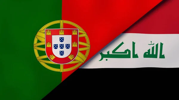 Two states flags of Portugal and Iraq. High quality business background. 3d illustration