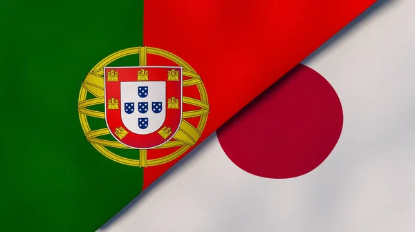 Two states flags of Portugal and Japan. High quality business background. 3d illustration