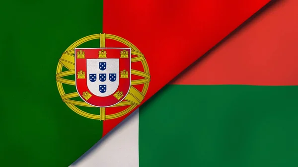 Two states flags of Portugal and Madagascar. High quality business background. 3d illustration
