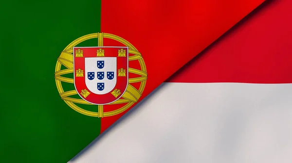 Two states flags of Portugal and Monaco. High quality business background. 3d illustration