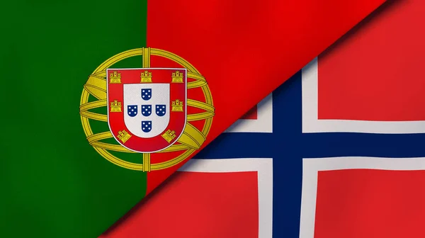Two states flags of Portugal and Norway. High quality business background. 3d illustration