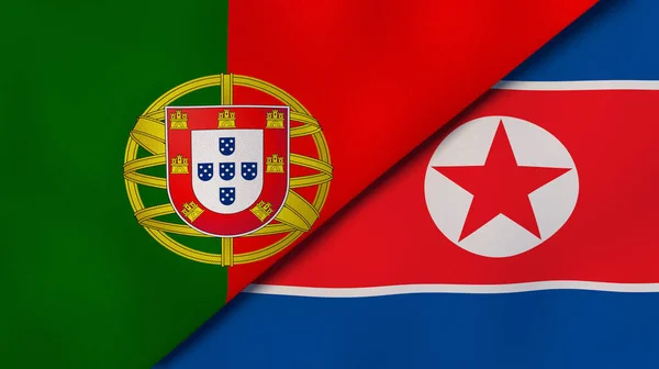 Two states flags of Portugal and North Korea. High quality business background. 3d illustration
