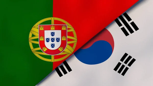 Two states flags of Portugal and South Korea. High quality business background. 3d illustration