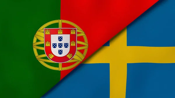 Two states flags of Portugal and Sweden. High quality business background. 3d illustration