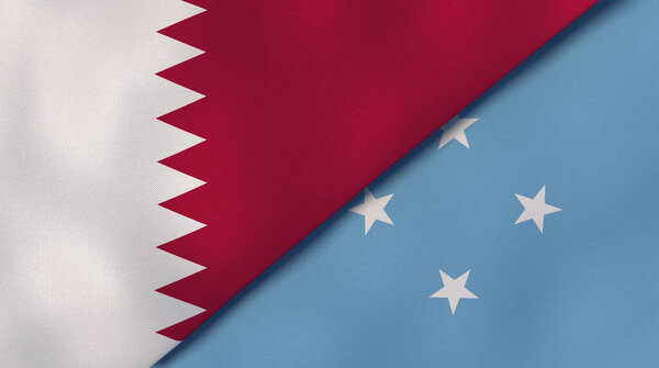 Two states flags of Qatar and Micronesia. High quality business background. 3d illustration