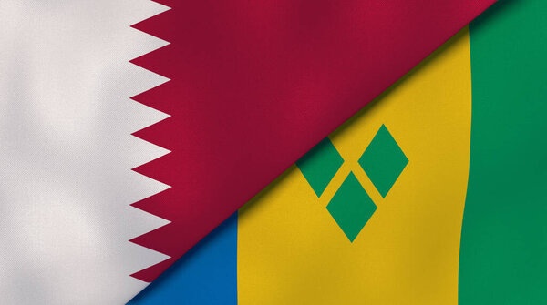 Two states flags of Qatar and Saint Vincent and Grenadines. High quality business background. 3d illustration