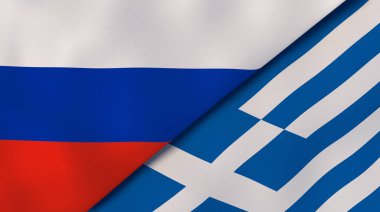 Rusya ve Yunanistan 'ın iki bayrağı. Kaliteli bir iş geçmişi. 3d illüstrasyon