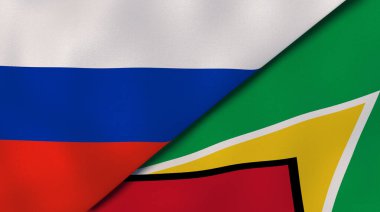 Rusya ve Guyana 'nın iki bayrağı. Kaliteli bir iş geçmişi. 3d illüstrasyon