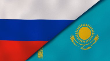 Rusya ve Kazakistan 'ın iki bayrağı. Kaliteli bir iş geçmişi. 3d illüstrasyon