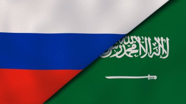 Rusya ve Suudi Arabistan 'ın iki bayrağı. Kaliteli bir iş geçmişi. 3d illüstrasyon