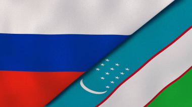 Rusya ve Özbekistan 'ın iki bayrağı. Kaliteli bir iş geçmişi. 3d illüstrasyon