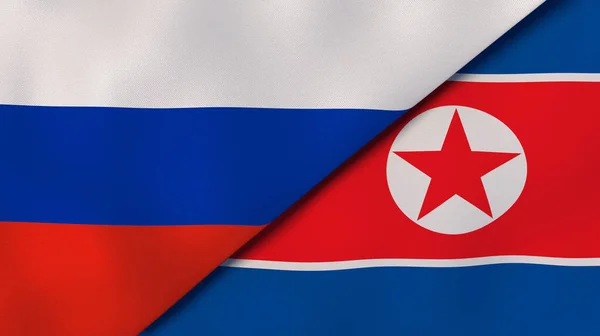 Rusya ve Kuzey Kore 'nin iki bayrağı. Kaliteli bir iş geçmişi. 3d illüstrasyon