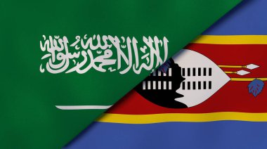 Suudi Arabistan ve Eswatini 'nin iki bayrağı. Kaliteli bir iş geçmişi. 3d illüstrasyon