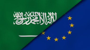 Suudi Arabistan ve Avrupa Birliği 'nin iki bayrağı. Kaliteli bir iş geçmişi. 3d illüstrasyon