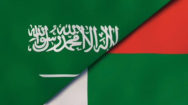 Dva Státy Vlajky Saúdské Arábie Madagaskaru Vysoce Kvalitní Obchodní Zázemí — Stock fotografie