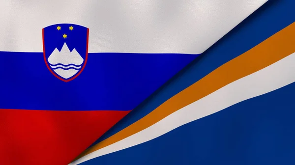 Флаги Двух Штатов Словении Маршалловых Островов Высококачественный Бизнес Фон Иллюстрация — стоковое фото