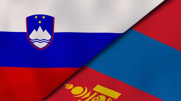 Two states flags of Slovenia and Mongolia. High quality business background. 3d illustration