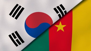 Güney Kore ve Kamerun 'un iki bayrağı. Kaliteli bir iş geçmişi. 3d illüstrasyon