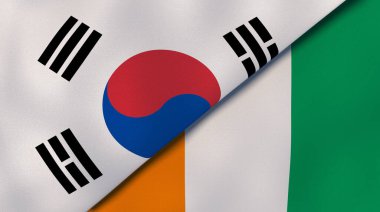 Güney Kore ve Fildişi Sahili 'nin iki bayrağı. Kaliteli bir iş geçmişi. 3d illüstrasyon