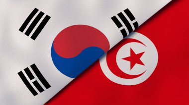 Güney Kore ve Tunus 'un iki bayrağı. Kaliteli bir iş geçmişi. 3d illüstrasyon