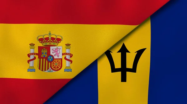 Δύο Σημαίες Της Ισπανίας Και Των Μπαρμπάντος Επαγγελματικό Υπόβαθρο Υψηλής — Φωτογραφία Αρχείου