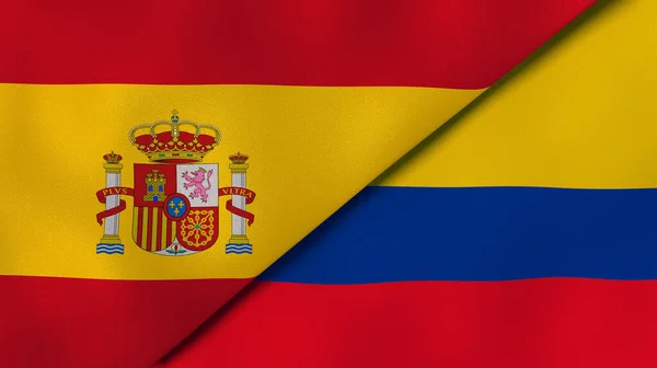 Δύο Σημαίες Της Ισπανίας Και Της Κολομβίας Επαγγελματικό Υπόβαθρο Υψηλής — Φωτογραφία Αρχείου