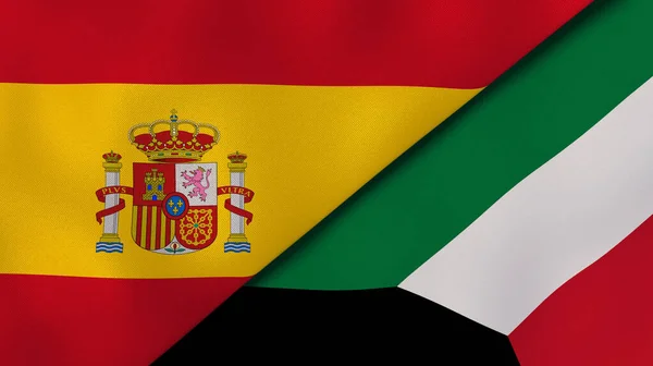 Δύο Σημαίες Της Ισπανίας Και Του Κουβέιτ Επαγγελματικό Υπόβαθρο Υψηλής — Φωτογραφία Αρχείου