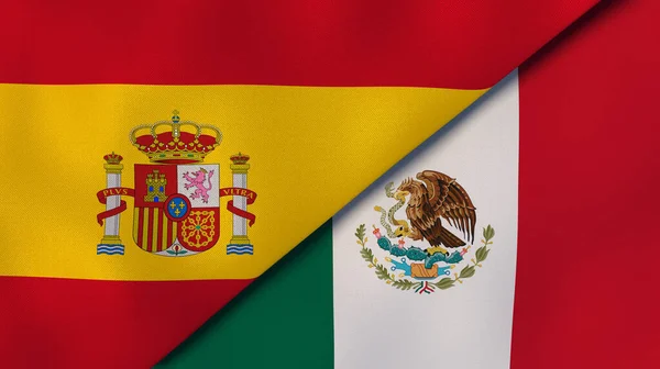 Two states flags of Spain and Mexico. High quality business background. 3d illustration