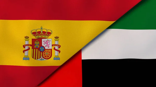 Δύο Κράτη Σημαίες Της Ισπανίας Και Των Ηνωμένων Αραβικών Εμιράτων — Φωτογραφία Αρχείου