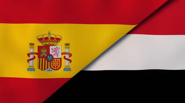 Dvě Vlajky Španělska Jemenu Vysoce Kvalitní Obchodní Zázemí Ilustrace — Stock fotografie