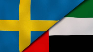 İki İsveç bayrağı ve Birleşik Arap Emirlikleri. Kaliteli bir iş geçmişi. 3d illüstrasyon