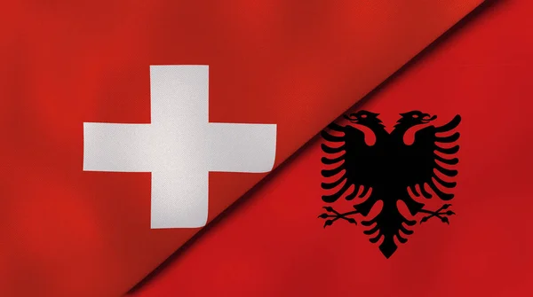 Two states flags of Switzerland and Albania. High quality business background. 3d illustration