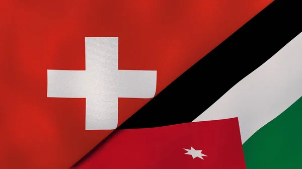 Two states flags of Switzerland and Jordan. High quality business background. 3d illustration