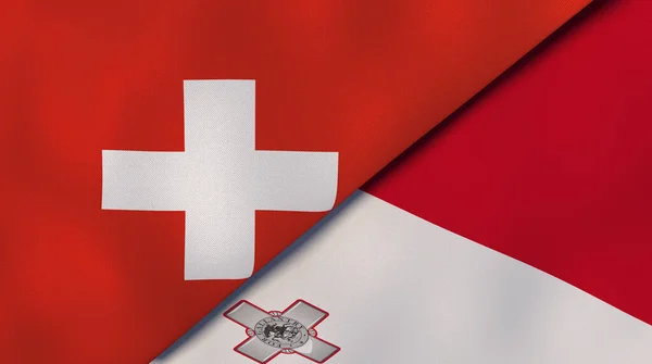 Two states flags of Switzerland and Malta. High quality business background. 3d illustration