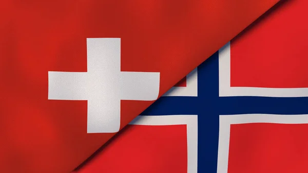 Two states flags of Switzerland and Norway. High quality business background. 3d illustration