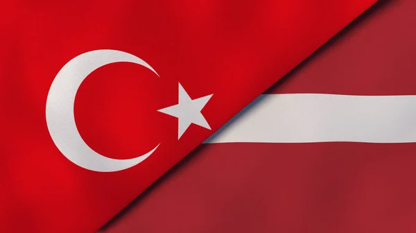 土耳其和拉脱维亚两国国旗 高质量的商业背景 3D说明 — 图库照片