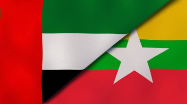 Birleşik Arap Emirlikleri ve Myanmar 'ın iki bayrağı. Kaliteli bir iş geçmişi. 3d illüstrasyon