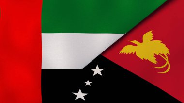 Birleşik Arap Emirlikleri ve Papua Yeni Gine 'nin iki bayrağı. Kaliteli bir iş geçmişi. 3d illüstrasyon