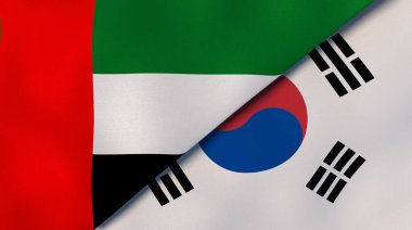 Birleşik Arap Emirlikleri ve Güney Kore 'nin iki bayrağı. Kaliteli bir iş geçmişi. 3d illüstrasyon