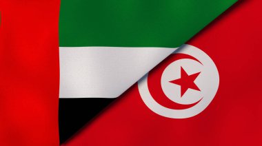 Birleşik Arap Emirlikleri ve Tunus 'un iki bayrağı. Kaliteli bir iş geçmişi. 3d illüstrasyon