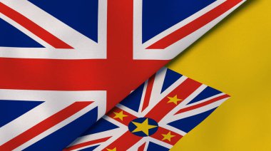 Birleşik Krallık ve Niue 'nin iki bayrağı. Kaliteli bir iş geçmişi. 3d illüstrasyon