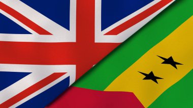 İki Birleşik Krallık bayrağı ve Sao Tome ve Principe. Kaliteli bir iş geçmişi. 3d illüstrasyon