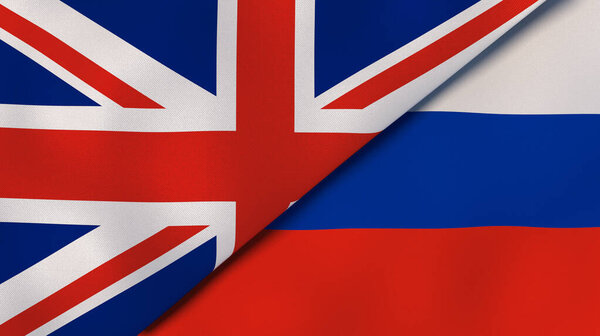 Two states flags of United Kingdom and Russia. High quality business background. 3d illustration