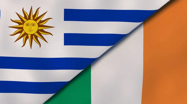 乌拉圭和爱尔兰两国国旗 高质量的商业背景 3D说明 — 图库照片
