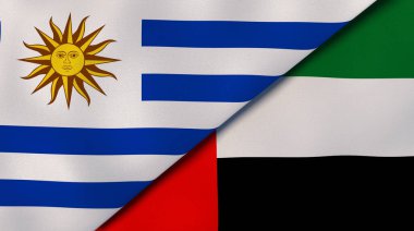 İki Uruguay bayrağı ve Birleşik Arap Emirlikleri. Kaliteli bir iş geçmişi. 3d illüstrasyon