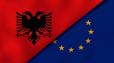 Arnavutluk ve Avrupa Birliği 'nin iki bayrağı. Kaliteli bir iş geçmişi. 3d illüstrasyon