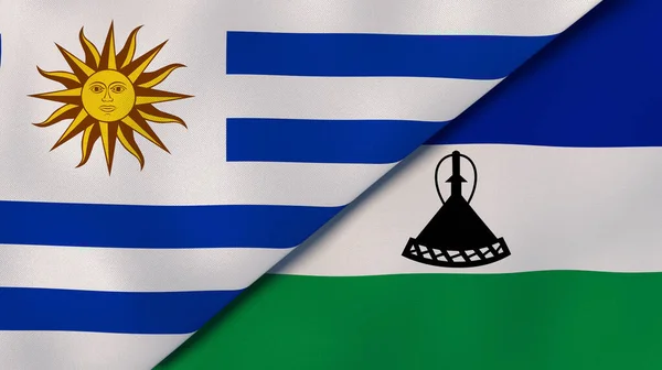 Dua Bendera Negara Bagian Uruguay Dan Lesotho Latar Belakang Bisnis — Stok Foto