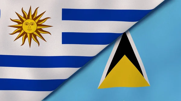 乌拉圭和圣卢西亚两国国旗 高质量的商业背景 3D说明 — 图库照片