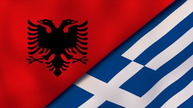 Arnavutluk ve Yunanistan 'ın iki bayrağı. Kaliteli bir iş geçmişi. 3d illüstrasyon