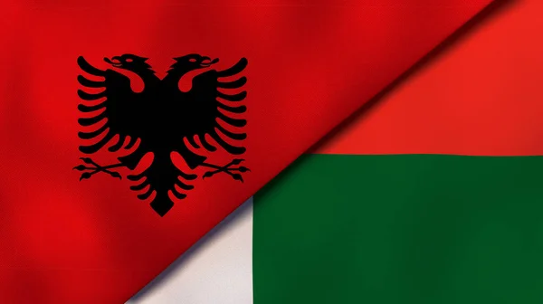 Dois Estados Bandeiras Albânia Madagáscar Fundo Negócios Alta Qualidade Ilustração — Fotografia de Stock